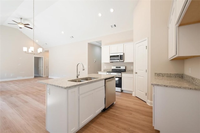 kitchen featuring a center island with sink, visible vents, white cabinets, stainless steel appliances, and a sink