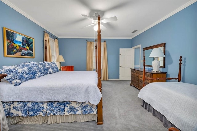 bedroom featuring ceiling fan, crown molding, and light colored carpet