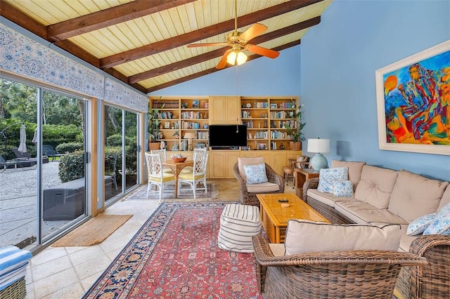 living room with beamed ceiling, high vaulted ceiling, ceiling fan, and wood ceiling