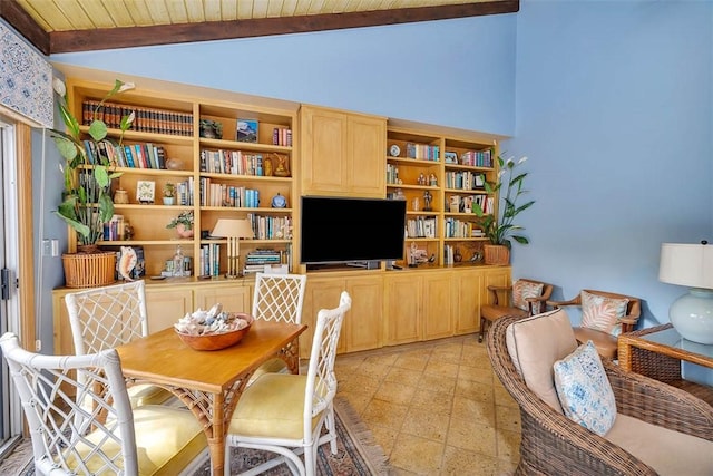 dining space with wooden ceiling and lofted ceiling with beams