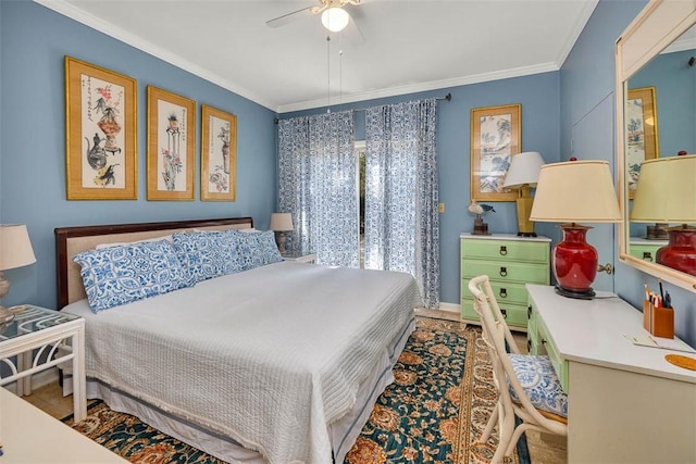 bedroom featuring ceiling fan and crown molding