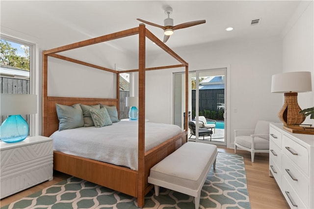 bedroom featuring visible vents, ceiling fan, access to outside, recessed lighting, and light wood-style flooring