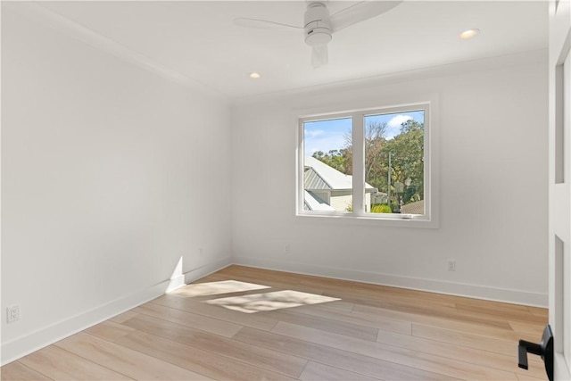 unfurnished room featuring light wood-style floors, baseboards, ceiling fan, and recessed lighting