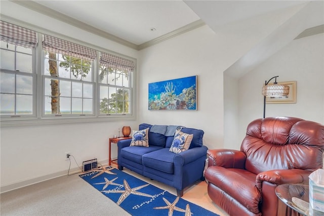 carpeted living room featuring crown molding