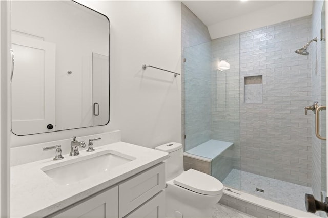 bathroom featuring a shower stall, toilet, and vanity