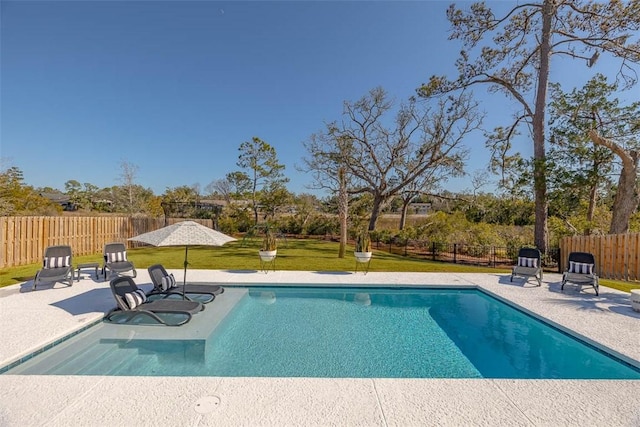 view of swimming pool with a yard and a patio