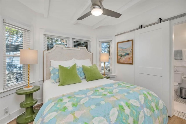 bedroom featuring multiple windows, a barn door, ceiling fan, and connected bathroom