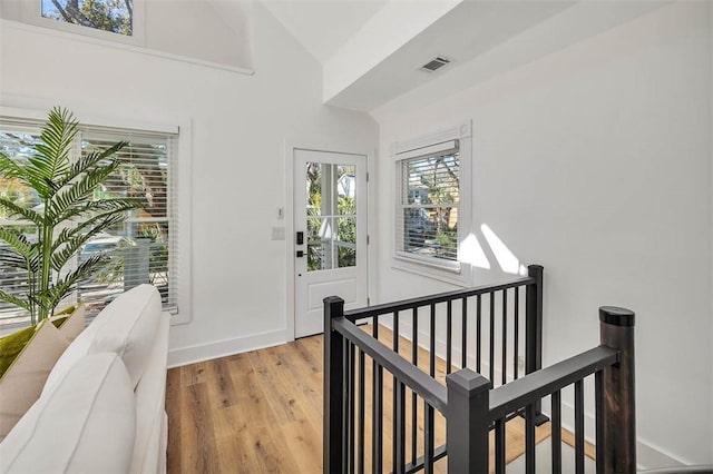 foyer entrance featuring wood-type flooring and lofted ceiling