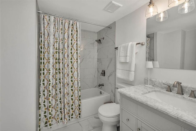 full bathroom featuring shower / tub combo, vanity, and toilet