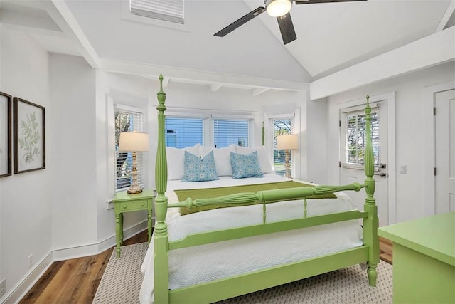 bedroom with wood-type flooring, vaulted ceiling, and ceiling fan