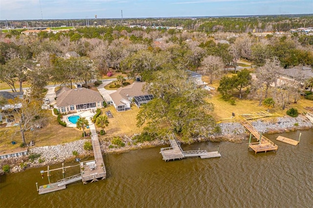 drone / aerial view featuring a water view