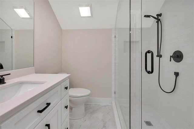 134 Newfield St, Saint Simons Island, GA 31522 - full bath featuring a shower stall, vanity, marble look tile flooring, and lofted ceiling