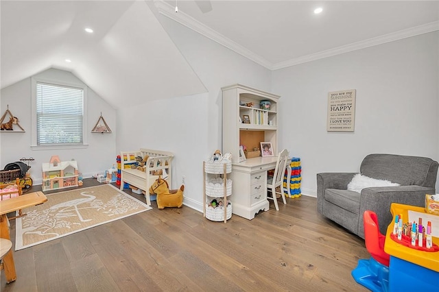 506 Conservation Dr, Saint Simons Island, GA 31522 - game room featuring hardwood / wood-style flooring, recessed lighting, lofted ceiling, baseboards, and crown molding