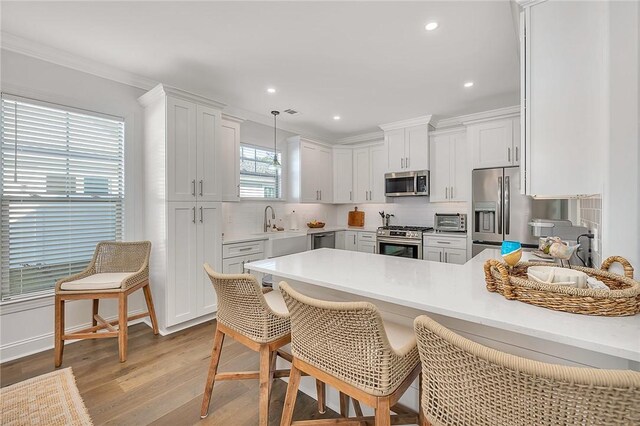 506 Conservation Dr, Saint Simons Island, GA 31522 - kitchen featuring stainless steel appliances, a peninsula, light wood-type flooring, decorative backsplash, and light countertops
