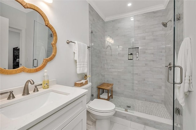 506 Conservation Dr, Saint Simons Island, GA 31522 - bathroom featuring a stall shower, toilet, crown molding, vanity, and recessed lighting
