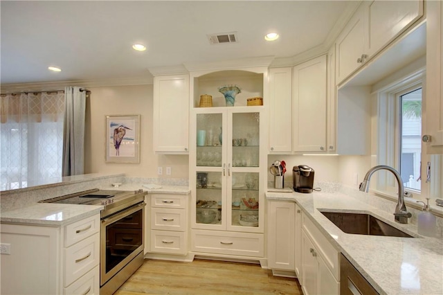 kitchen with white cabinets, sink, electric range, light stone countertops, and light hardwood / wood-style floors