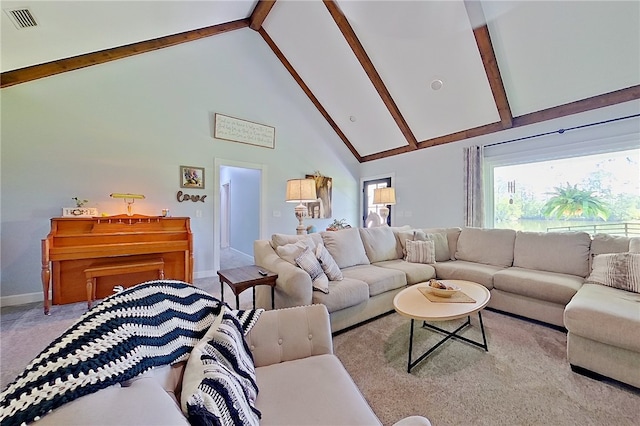 2204 Gibbs St, Waycross, GA 31503 - carpeted living area with high vaulted ceiling and beamed ceiling