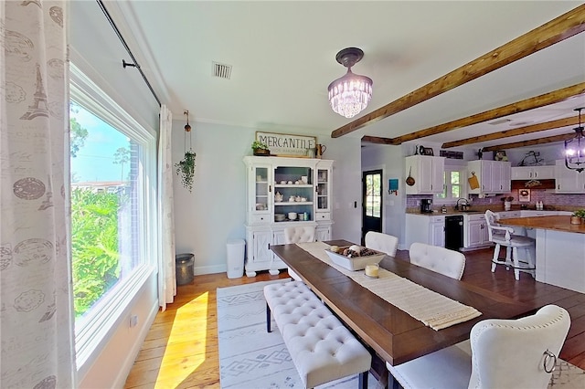 2204 Gibbs St, Waycross, GA 31503 - dining space featuring a chandelier, light wood-style floors, and beam ceiling