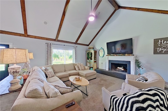 2204 Gibbs St, Waycross, GA 31503 - living area featuring high vaulted ceiling, a brick fireplace, and beamed ceiling