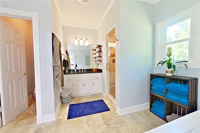 2204 Gibbs St, Waycross, GA 31503 - bathroom featuring crown molding, vanity, and a shower stall