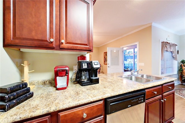 kitchen with crown molding, sink, stainless steel dishwasher, and light stone counters