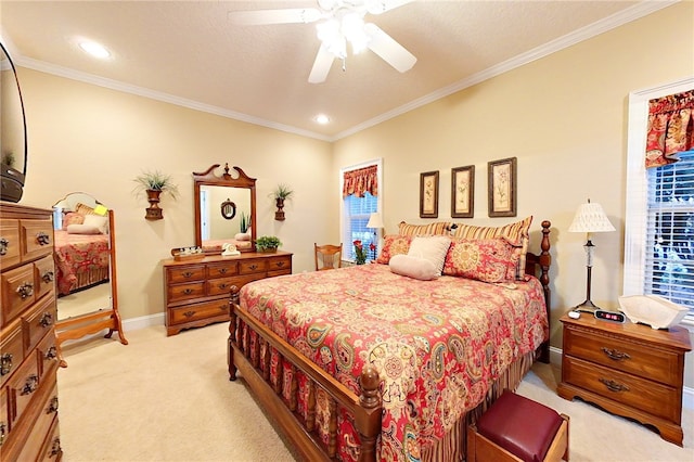 carpeted bedroom featuring ceiling fan, a textured ceiling, and ornamental molding