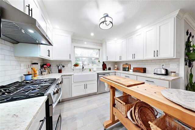 kitchen with a sink, appliances with stainless steel finishes, white cabinets, decorative backsplash, and extractor fan