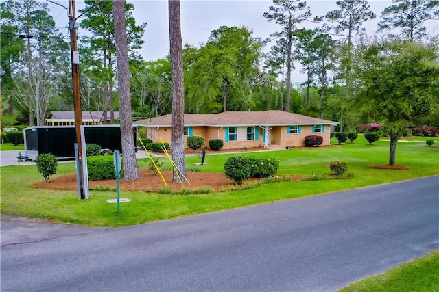ranch-style house with an attached carport, a front yard, and driveway