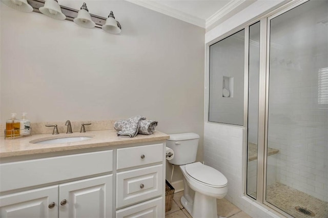 bathroom featuring tile patterned flooring, crown molding, an enclosed shower, toilet, and vanity