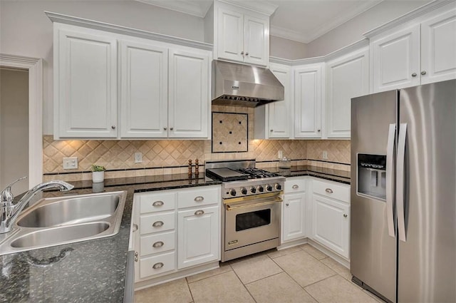 kitchen featuring white cabinetry, sink, stainless steel appliances, range hood, and light tile patterned flooring