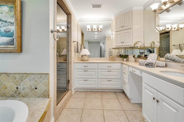 bathroom featuring vanity, tile patterned flooring, plus walk in shower, and ornamental molding