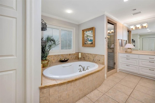 bathroom with tile patterned flooring, vanity, separate shower and tub, and crown molding