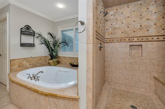 bathroom with crown molding, tile patterned flooring, and shower with separate bathtub