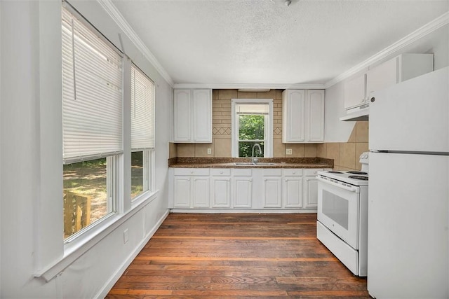 4180 Whitlock St, Brunswick, GA 31520 - kitchen with white appliances, dark countertops, dark wood-type flooring, white cabinetry, and crown molding