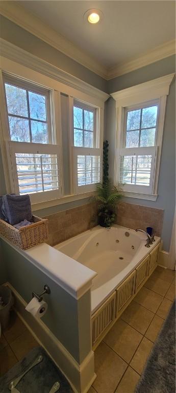2115 Marshview Dr, Shellman Bluff, GA 31331 - bathroom with a tub with jets, tile patterned flooring, and ornamental molding