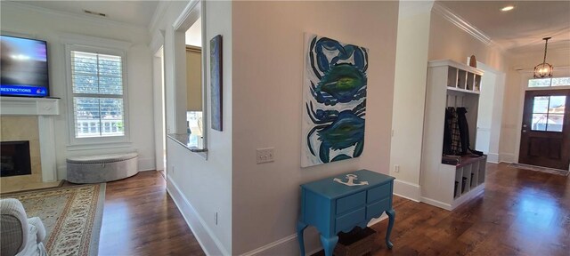 2115 Marshview Dr, Shellman Bluff, GA 31331 - foyer entrance with wood finished floors, a tile fireplace, ornamental molding, and recessed lighting