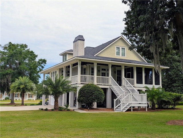 2115 Marshview Dr, Shellman Bluff, GA 31331 - rear view of house featuring a lawn, driveway, stairs, a chimney, and roof with shingles