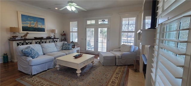 2115 Marshview Dr, Shellman Bluff, GA 31331 - living area with ceiling fan, crown molding, wood finished floors, and recessed lighting