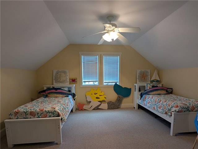 2115 Marshview Dr, Shellman Bluff, GA 31331 - carpeted bedroom with vaulted ceiling and a ceiling fan