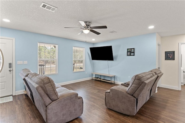 825 Red Hawk Dr, Waynesville, GA 31566 - living room featuring a ceiling fan, dark wood finished floors, a textured ceiling, recessed lighting, and baseboards
