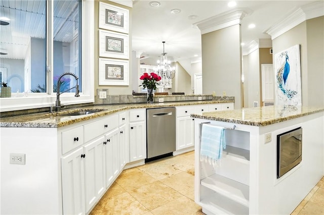164 Sunrise Dr, Saint Simons Island, GA 31522 - kitchen with open shelves, a sink, white cabinetry, ornamental molding, and light stone countertops