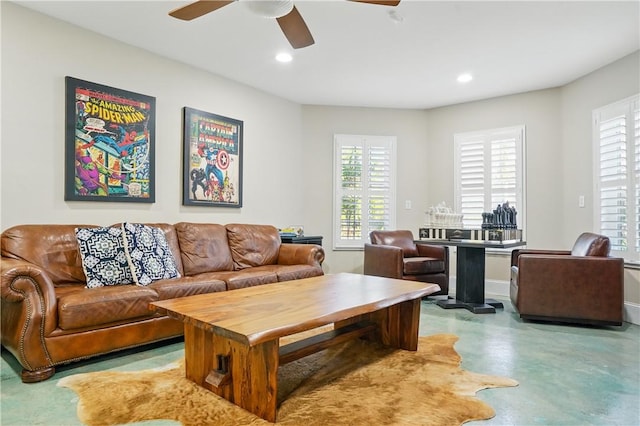 164 Sunrise Dr, Saint Simons Island, GA 31522 - living area featuring concrete floors, a ceiling fan, and recessed lighting