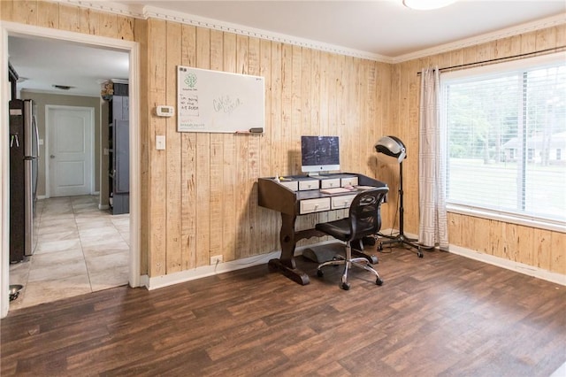 1002 Cherokee Cir, Waycross, GA 31501 - office featuring wooden walls, baseboards, wood finished floors, and crown molding