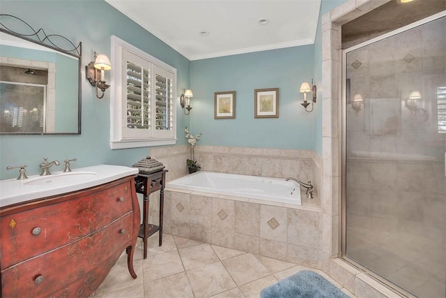 213 Five Pounds Rd, Saint Simons Island, GA 31522 - full bath featuring a shower stall, a garden tub, tile patterned flooring, vanity, and ornamental molding