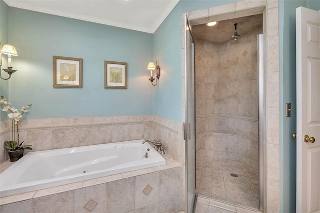 213 Five Pounds Rd, Saint Simons Island, GA 31522 - full bathroom featuring a stall shower, a bath, and ornamental molding
