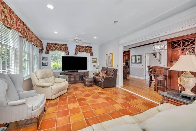 213 Five Pounds Rd, Saint Simons Island, GA 31522 - living area with stairs, ceiling fan, light tile patterned floors, and recessed lighting