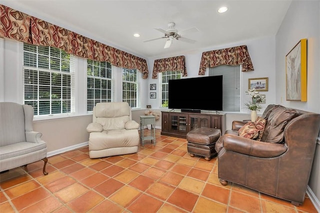 213 Five Pounds Rd, Saint Simons Island, GA 31522 - living room with a ceiling fan, baseboards, recessed lighting, and tile patterned floors