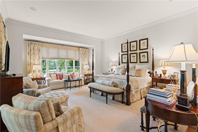 bedroom with light carpet and ornamental molding