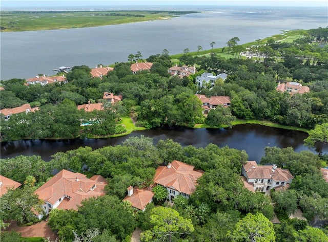 aerial view with a water view and a residential view