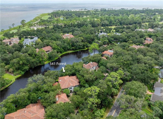 aerial view featuring a water view